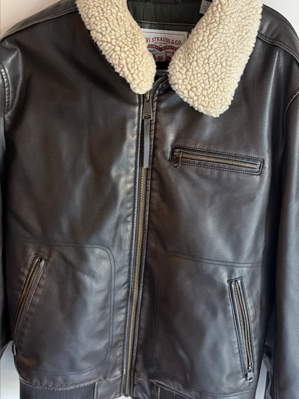 Levi's Men's Brown Leather Bomber Jacket with Cream Sherpa Collar
